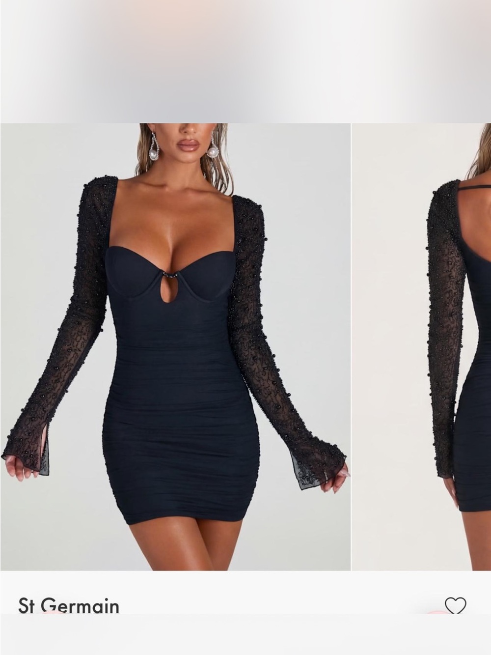 Oh Polly Black Ruched Mini Dress with Beaded Mesh Sleeves